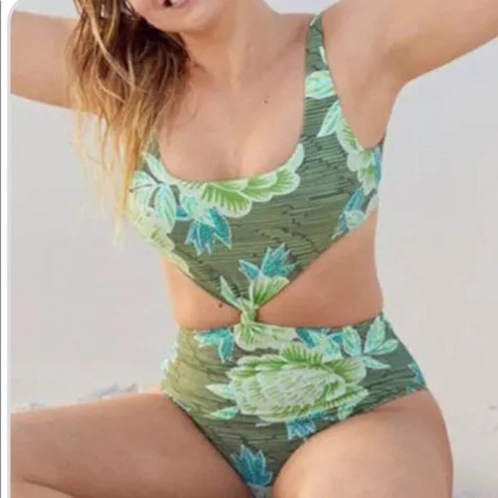 Aerie Green Floral Knot Front One Piece Swimsuit Size S Small